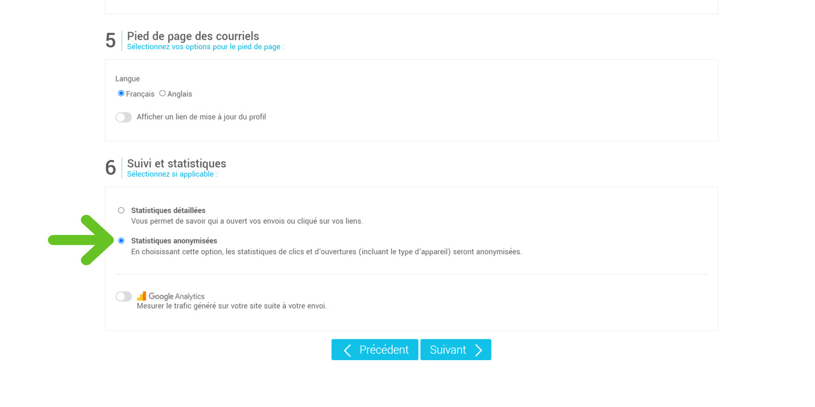 Option Statistiques anonymisées dans la configuration de l'envoi